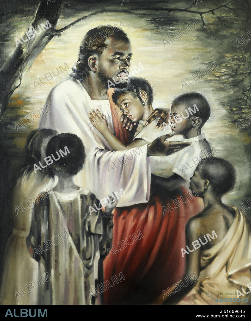 Black Jesus Blesses the Children  20th Century  Joe Cauchi (1918-1986 American)  Oil on Canvas.