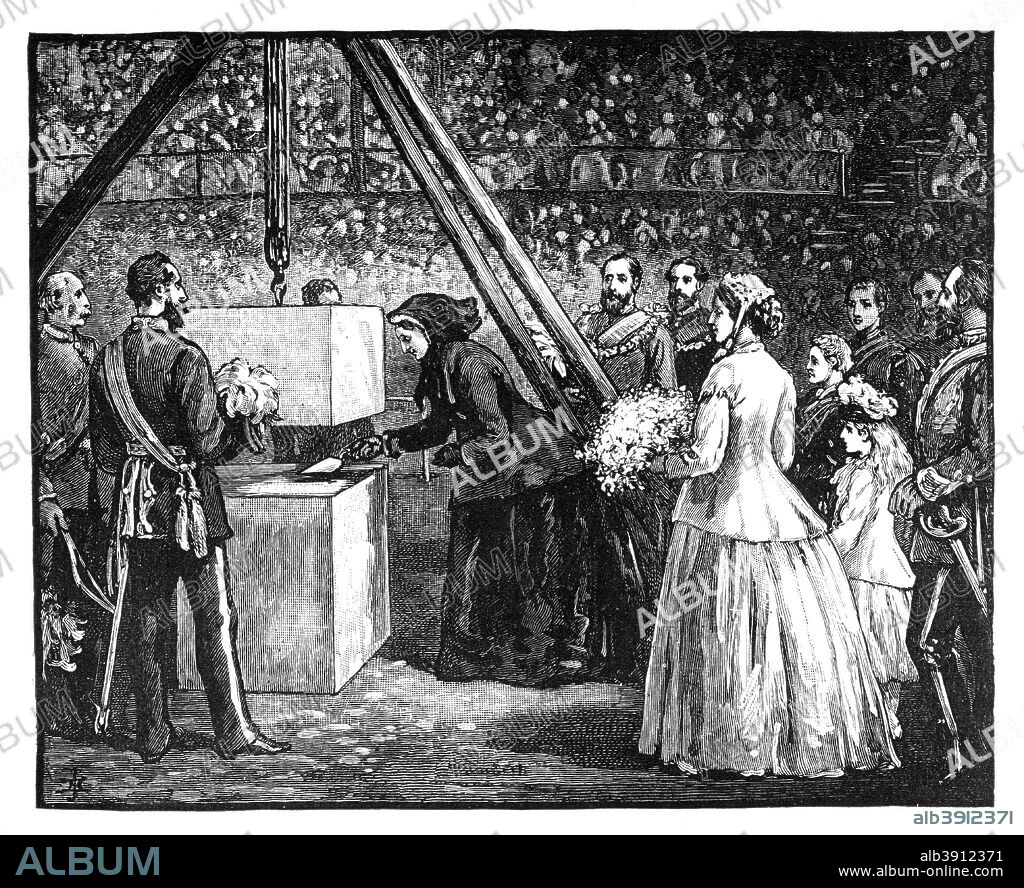 Queen Victoria laying the foundation stone of the Royal Albert Hall, London, 1860s. Illustration from The Life & Times of Queen Victoria, by Robert Wilson, Vol III.