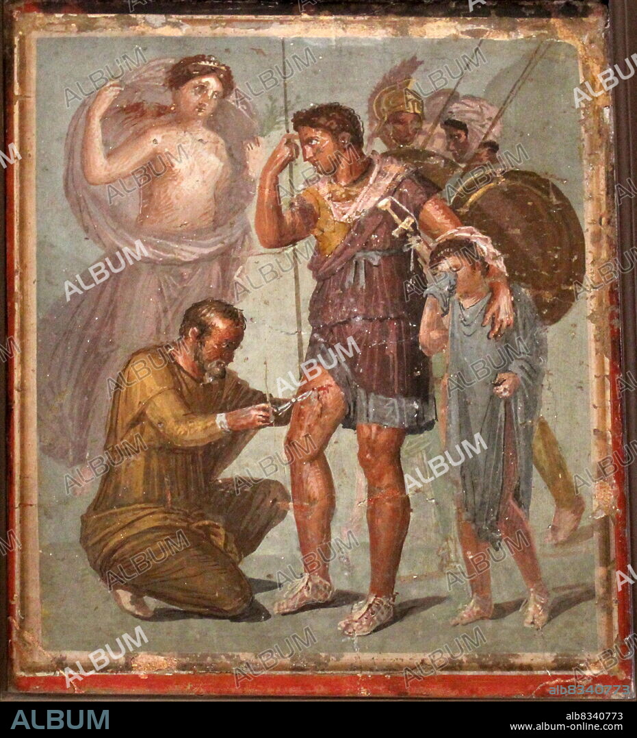 Roman Fresco depicting Aeneas wounded as he gazes at his mother Aphrodite, his son Ascanius is crying; a doctor treats his wounds, by an unknown artist, 45-79, 1st Century A.D.