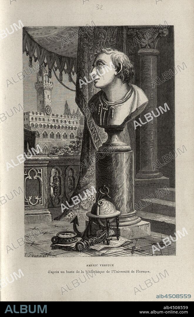 Améric Vespuce d'après un buste de la bibliothèque de l'Université de Florence, Bust of Amerigo Vespucci after model from the library of the University of Florence, pl. 34, after p. 481 (vol. 2), Tounrois, E.; Etherington, 1867, Louis Figuier: Savants du moyen âge. Geber, Mesué, Rhasès, Avicenne, Averroès, Abulcasis, Albert le Grand, Thomas d'Aquin, Roger Bacon, Vincent de Beauvais, Arnauld de Villeneuve, Raymond Lulle, Guy de Chauliac, Gutenberg, Fust et Schoeffer, Christophe Colomb, Amèric Vespuce. Paris: librairie internationale; à Bruxelles, à Leipzig & à Livourne, 1867.