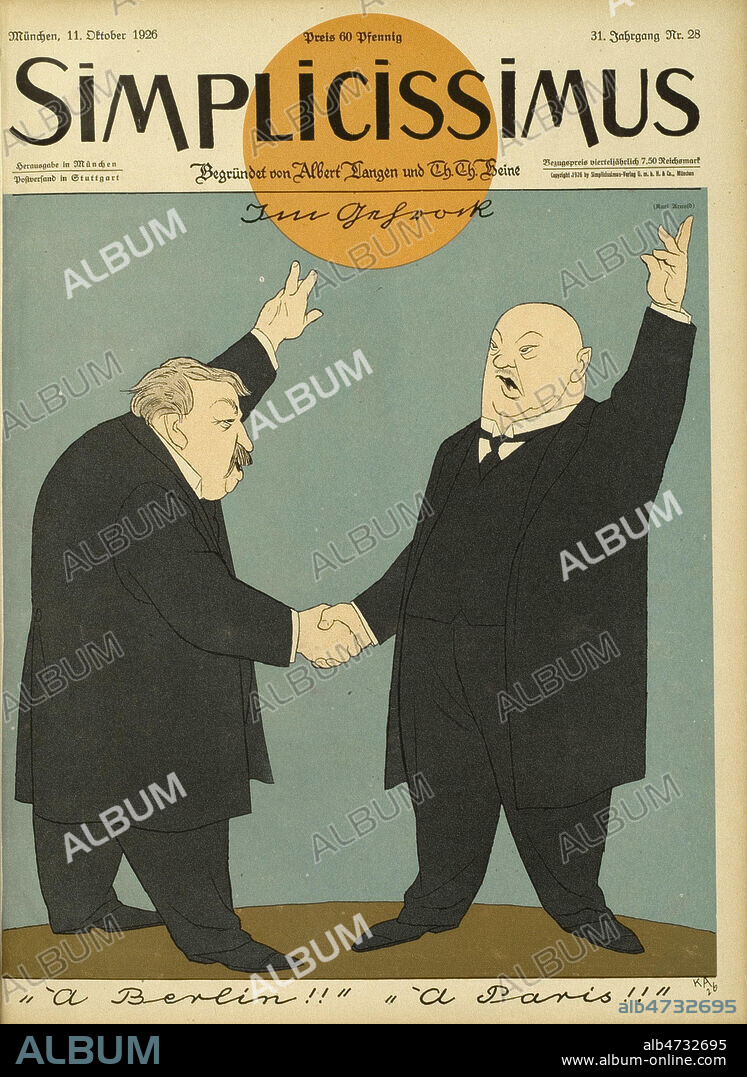 'A Berlin, a Paris.' (Aristide BRIAND et Gustave STRESEMANN). Illustration de Karl ARNOLD (1883-1953) pour le Simplicissimus du 11 octobre 1926. ADAGP. Credit : Coll. Dixmier/KHARBINE-TAPABOR.