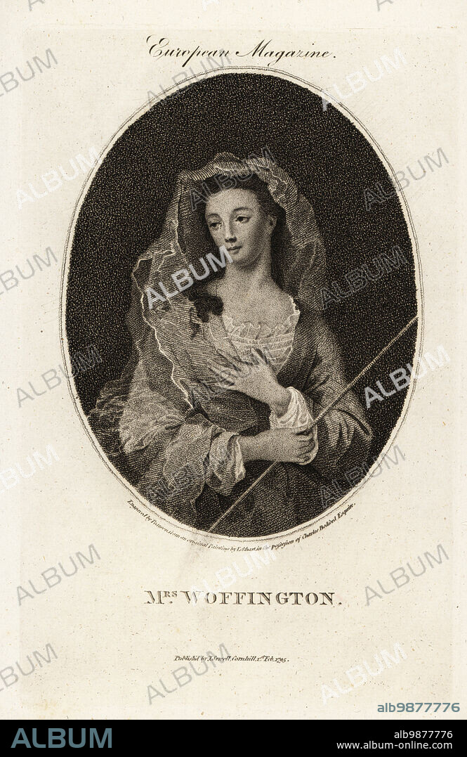 Margaret Peg Woffington (1717-1760), Irish actress and singer. Celebrated for her beauty and wit, famous for her performances with actor-manager David Garrick, notorious for her brawl with Catherine Clive. Pictured as a shepherdess with a staff in her right hand. Oval portrait copperplate engraving from a painting by John Giles Eccardt in the possession of Charles Bedford Esq., engraved by Pearson, published in the European Magazine, J. Sewell, Cornhill, London, 1795.