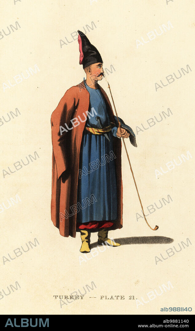 Costume of an Albanian man, Ottoman Empire. He wears a conical headdress, long coat, golden girdle with dagger, yellow boots. He holds a long tobacco pipe. Handcoloured copperplate engraving after Octavian Dalvimart from William Alexanders translation of Picturesque Representations of the Dress and Manners of the Turks, Thomas MLean, London, 1814.