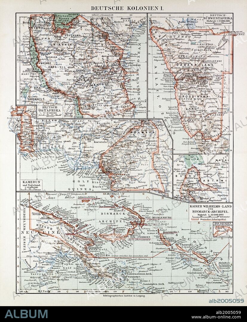 MAP OF GERMAN COLONIES, GERMAN NEW GUINEA, CAMEROON, 1899.
