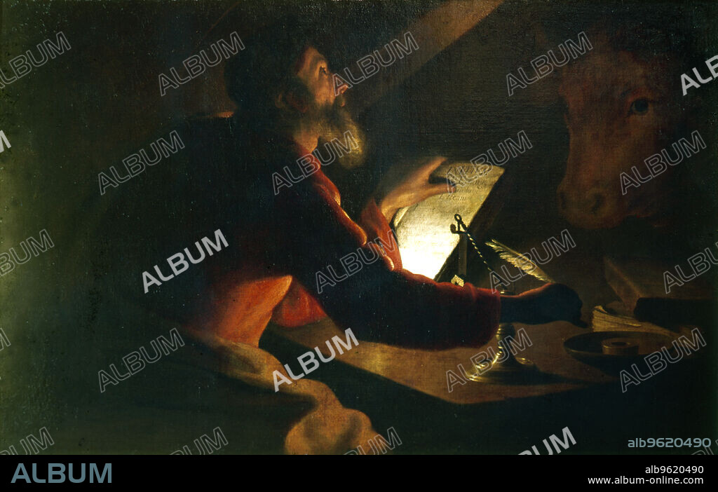 St Luke the Evangelist writing his Gospel watched by his symbol, an ox, 17th century.
