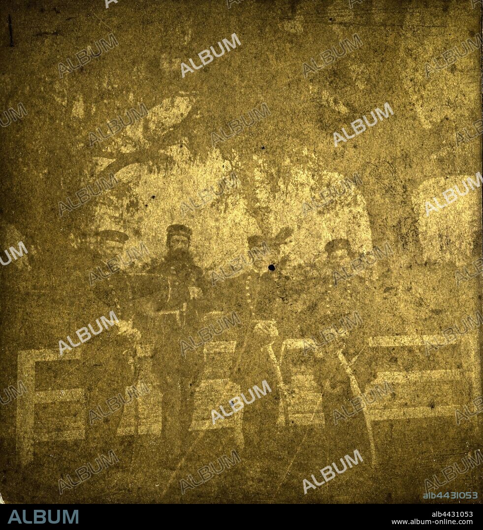 Group of four Civil War soldier leaning on a white fence, Anderson, about 1861–1865, Albumen silver print.