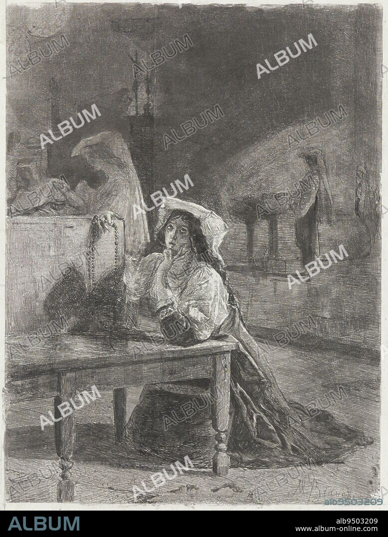 A woman holding a rosary in her right hand, kneeling before a bench. In the background on the left a praying woman and a figure coming down the stairs. Above, a praying figure in front of a crucifix. In the background right, a woman stands near a holy water barrel., Woman with Rosary, print maker: Mosè di Giosuè Bianchi, (mentioned on object), Italy, 1855 - 1904, paper, etching, h 300 mm × w 232 mm.