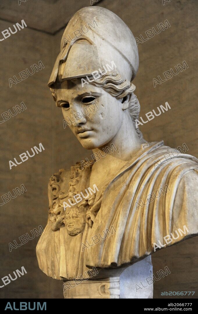 Athena. Goddess of wisdom, courage, law and justice. (Roman equivalent: Minerva). Bust of Athena. Roman sculpture after original of about 420 BC. Glyptothek. Munich. Germany.