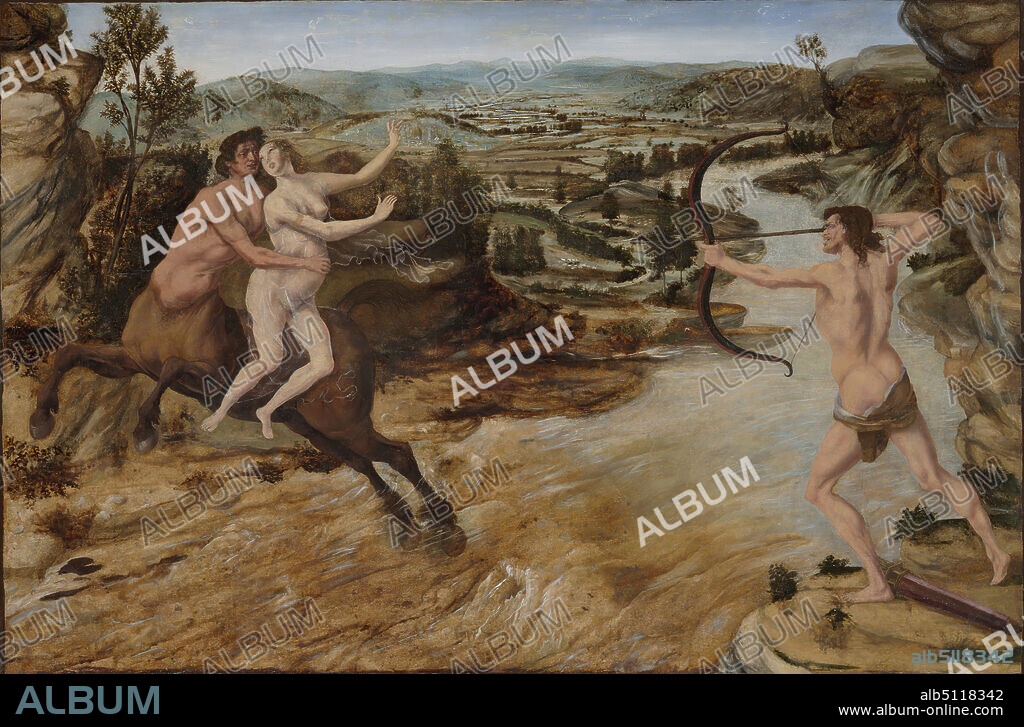 Artist: Antonio del Pollaiuolo, Italian, Florence, ca.14321498, Hercules and Deianira, ca. 147580, Oil on panel transferred to canvas, unframed: 54.6 × 79.2 cm (21 1/2 × 31 3/16 in.), Made in Florence, Italy, Italian, Florence, 15th century, Paintings.