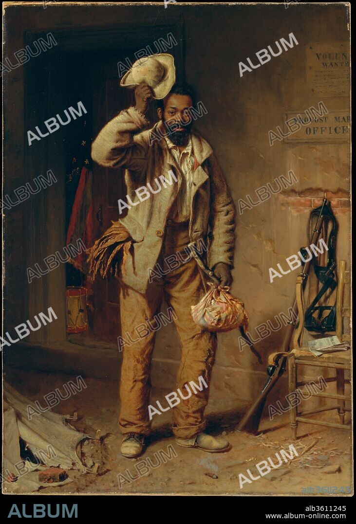 A Bit of War History: The Contraband. Artist: Thomas Waterman Wood (American, Montpelier, Vermont 1823-1903 New York). Dimensions: 28 1/4 x 20 1/4 in. (71.8 x 51.4 cm)
(framed with 84.12b and 84.12c). Date: 1865.
This painting is one of a group of three canvases (84.12a--c) said to have been inspired by the imagined narrative of an African American soldier in the Civil War. In "The Contraband," the newly emancipated slave, his belongings wrapped in an old kerchief, seeks enlistment in the Union army. Having been trained for service and wearing his uniform, he looks happy and proud in "The Recruit" (84.12b). In "The Veteran," (84.12c) he is an amputee returning to the same office to draw his back pay or pension. Wood used a slightly different palette and handling in each picture, suggesting that the works were not painted in quick succession.