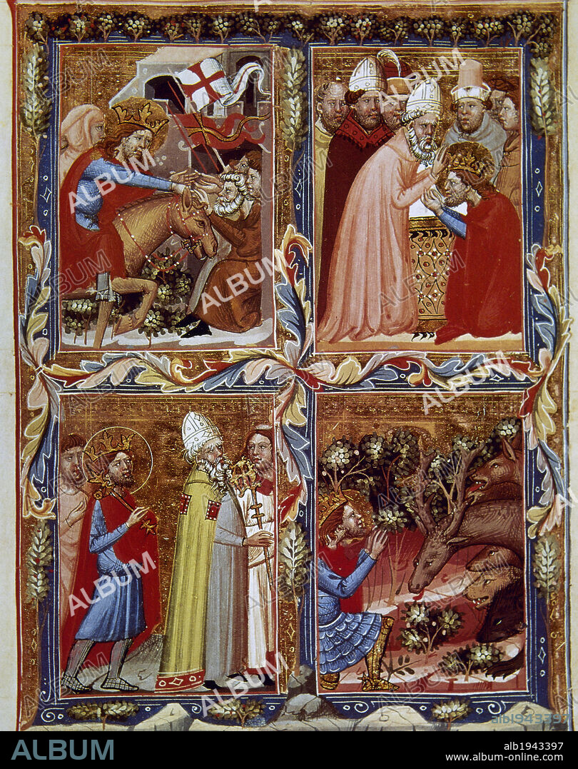 Ladislaus I (1040-1095), known as Saint Ladislas. King of Hungary (1077-1095). He was canonized on 27 June 1192 by Pope Celestine III. Scenes from the life of St. Ladislaus. Miniatures from the Gothic manuscript "Anjou Legendarium". Folio 80r. Dated ca. 1325-1335. Vatican Apostolic Library.
