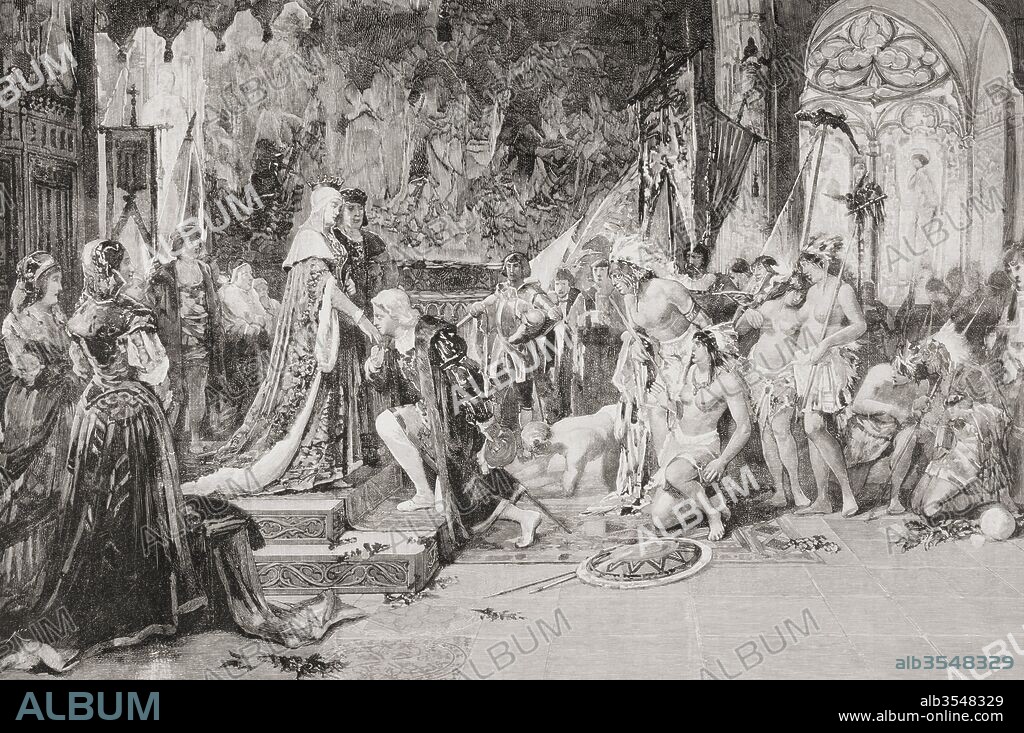 Christopher Columbus in the Barcelona court of King Ferdinand and Queen Isabella of Spain in 1493 after returning from his first voyage to the New World. After the painting by Richard Anckermann Riera. From La Ilustracion Española y Americana, published 1892.