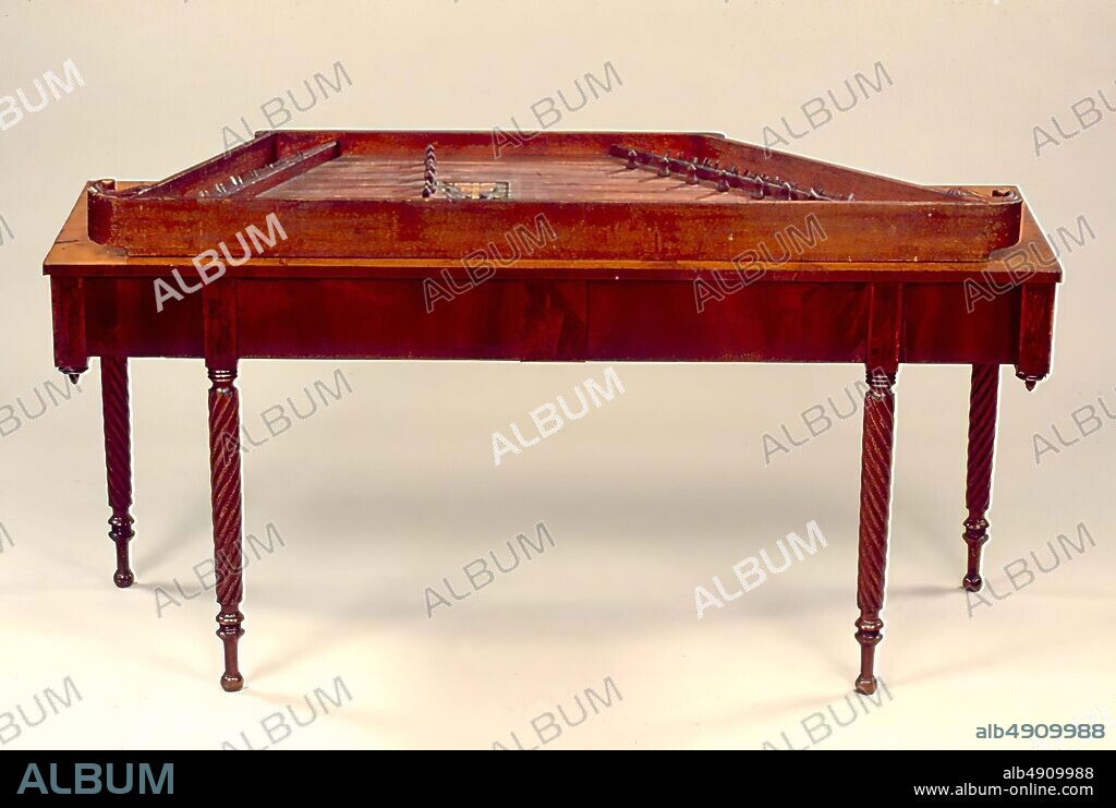 Hammered Dulcimer, American, ca. 1815, Ohio?, United States, American, Wood, paper, yarn, paint, horn, Dulcimer: longest side: 146.7 cm.; perpendicular to longest side: 37.8 cm.; D. 9.6 cm., Case: W. 159.5 cm; perpendicular 51.0 cm.; H. 73.7 cm., Chordophone-Zither-struck-dulcimer.