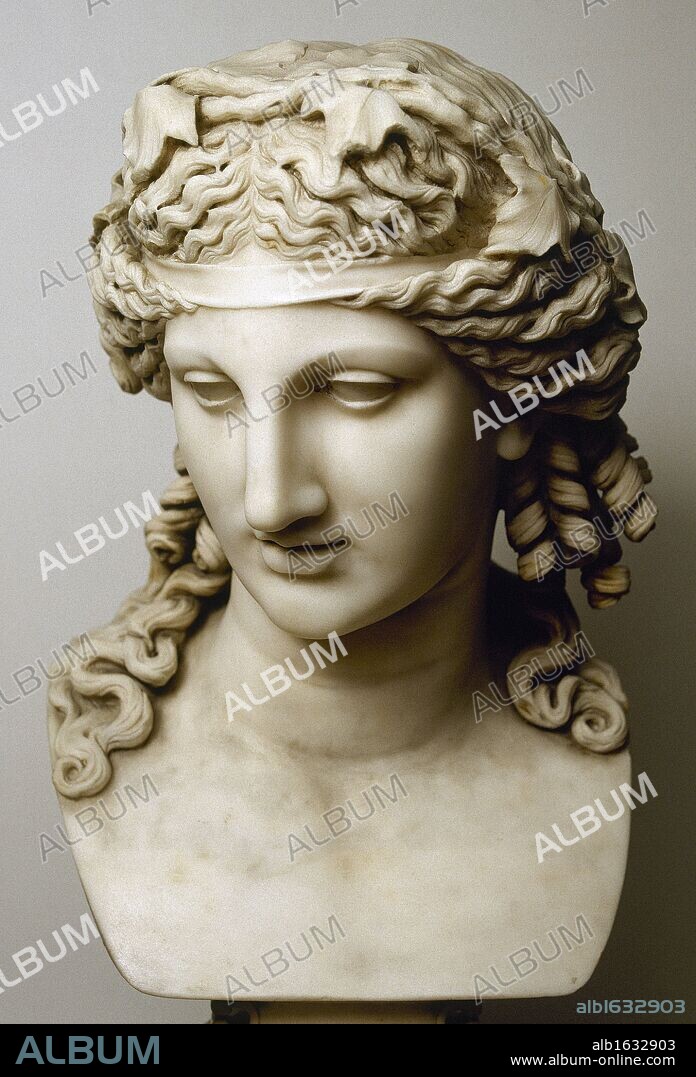 BACO. Dios romano equivalente al Dionisio griego. Según la mitología romana es hijo de Júpiter y de la ninfa Sémele o la diosa Proserpina. Busto obra de Pascual Cortés, realizado en mármol. Museo de Bellas Artes de San Fernando. Madrid. España.