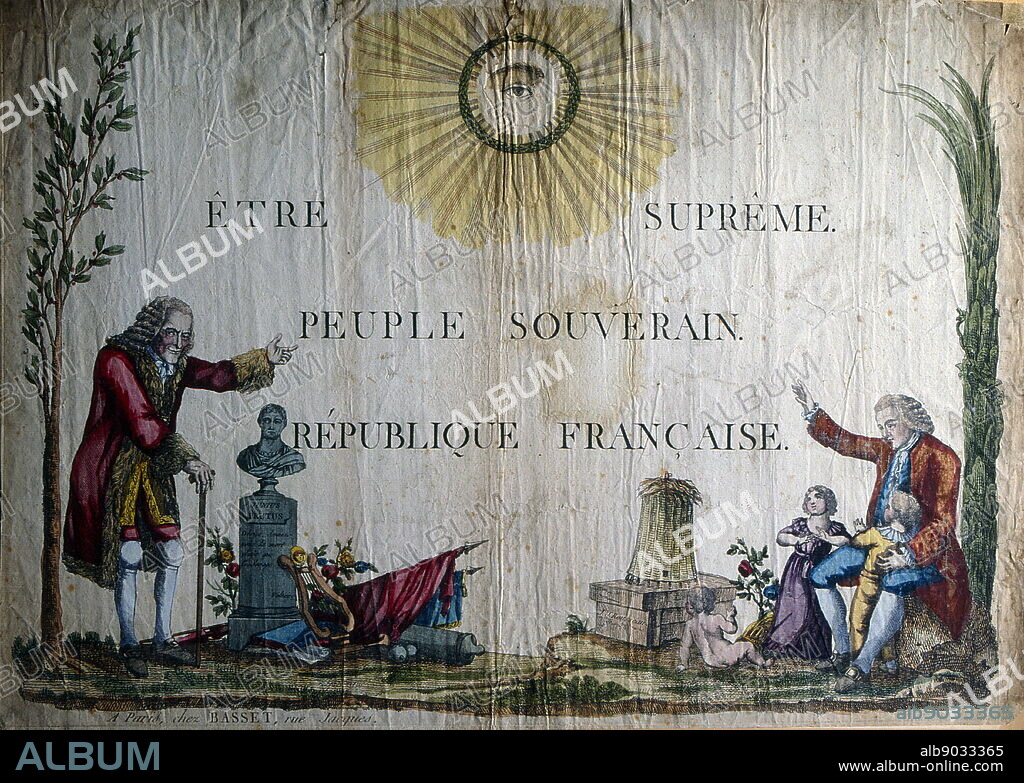 Coloured illustration entitled 'The Supreme Being, the People's Sovereign, French Republic' depicting the all-seeing eye.