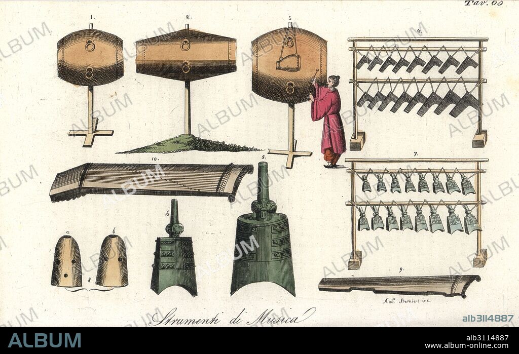 Chinese musical instruments: dagu drums 1,2,3, bianzhong 4,7, bells 5,6, and guzheng zither 9,10. Handcoloured copperplate engraving by Andrea Bernieri from Giulio Ferrrario's Costumes Antique and Modern of All Peoples (Il Costume Antico e Moderno di Tutti i Popoli), Florence, 1842.