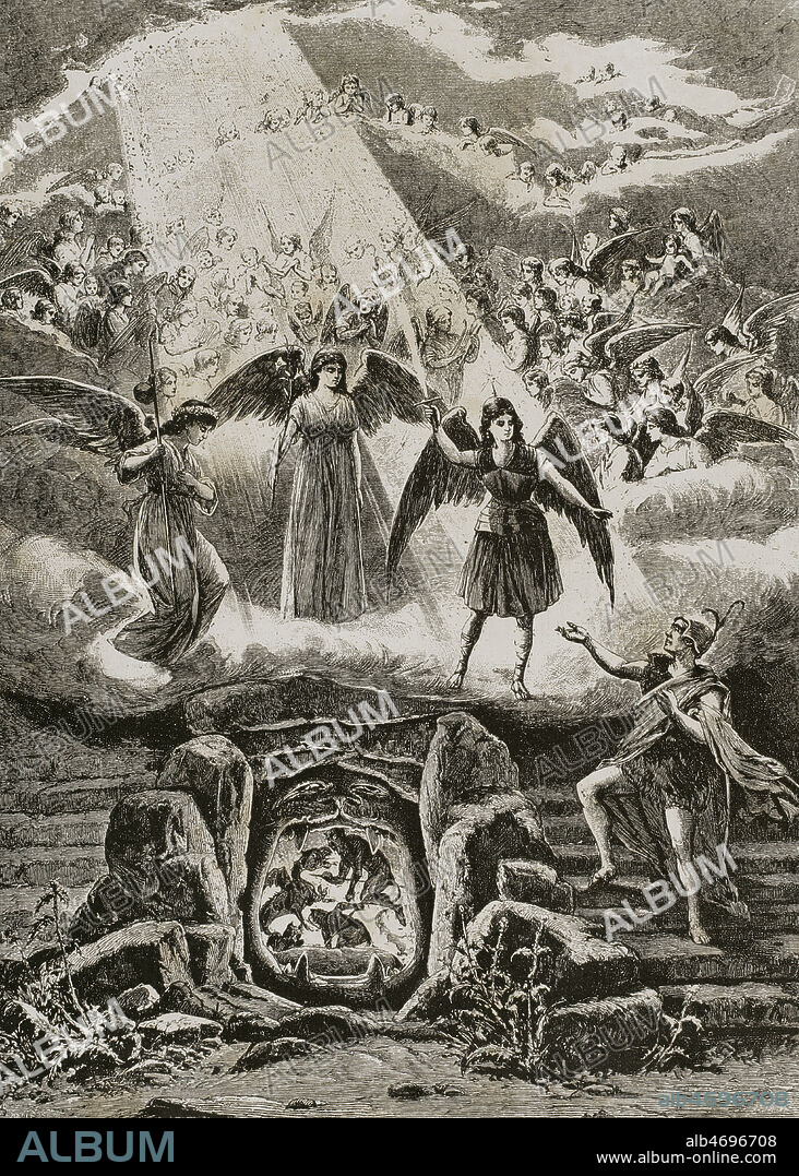 Fausto. Tragedia escrita por Johann Wolfgang von Goethe (1749-1832). Representación de una escena de la obra: Prólogo en el cielo. Grabado. La ilustración. Revista hispano-americana, 1884.
