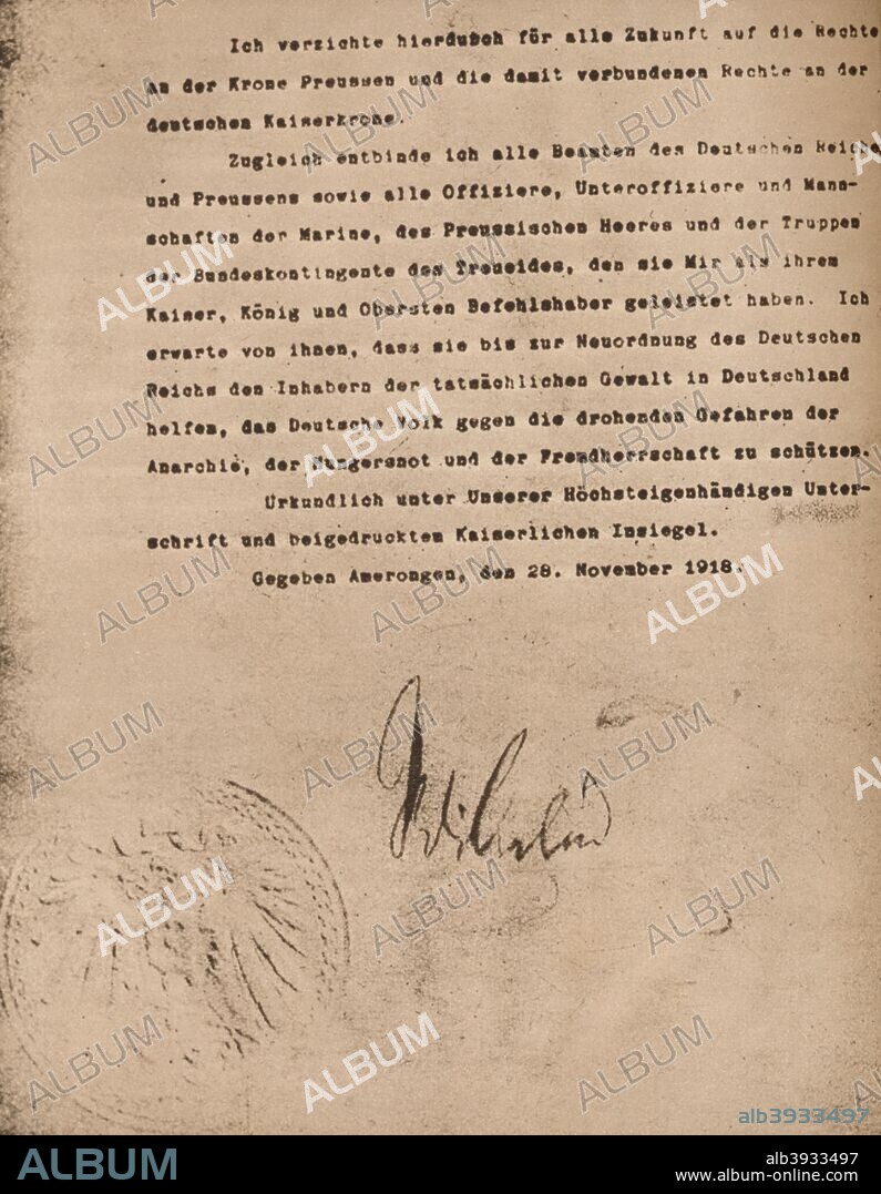 Document confirming the abdication of Kaiser Wilhel II of Germany, 9 November 1918 (1935). From The Royal Jubilee Book 1910-1935 [Associated Newspapers Ltd., London, 1935].