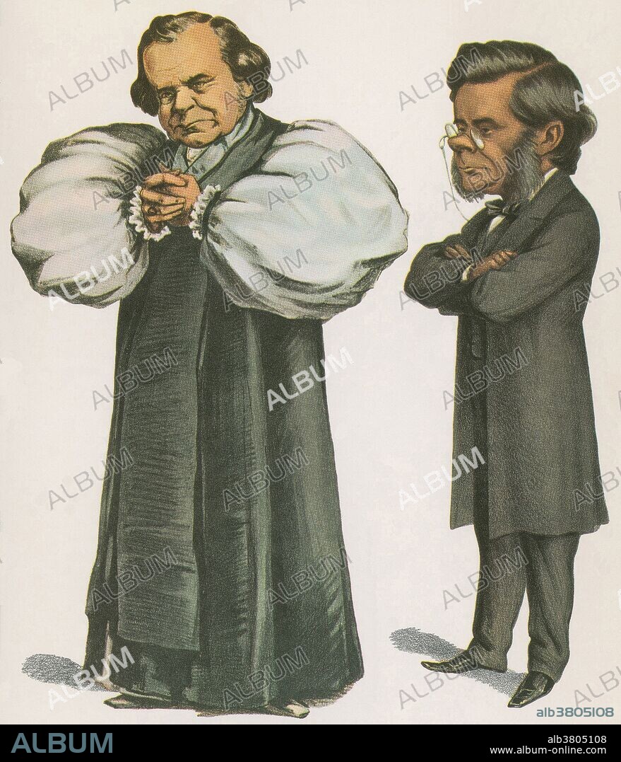 Vanity Fair cartoon of the chief antagonists in the debate over evolution, Bishop Wilberforce and Thomas Huxley. Samuel Wilberforce (1805-1873) was an English bishop in the Church of England. Wilberforce was one of the greatest public speakers of his time. He is best remembered for his opposition to Charles Darwin's theory of evolution - most notably at a famous debate in 1860 during which he is said to have asked Huxley whether it was through his grandfather or his grandmother that he claimed his descent from a monkey. Thomas Henry Huxley (1825-1895) was an English biologist, known as "Darwin's Bulldog" for his advocacy of Charles Darwin's theory of evolution.