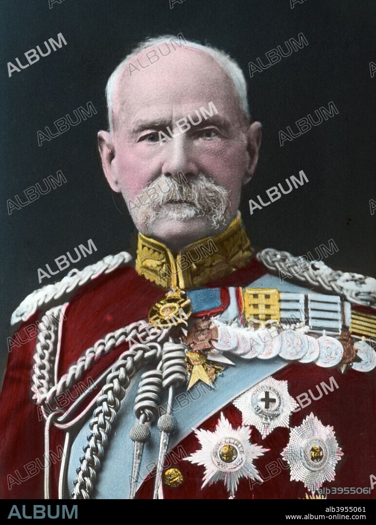 Field Marshal Lord Roberts of Kandahar, British soldier, late 19th or early 20th century. Frederick Sleigh Roberts (1832-1914) was one of the foremost British military figures of Victorian times. Awarded the Victoria Cross in 1858 for his actions during the Indian Mutiny, Roberts is best known for his march to capture Kandahar during the Second Afghan War of 1878-1880. He was made Baron of Kandahar and Waterford in 1892 and promoted to Field Marshal in 1895. Roberts commanded the reinforcements sent to South Africa in 1900 after the setbacks of the early part of the Boer War. After his successful intervention in the South African campaign, he returned to England to become Commander-in-Chief of the British Army, a position which he held until 1904, when he retired from the army. Lantern slide.