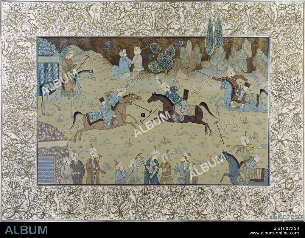 INDIAN ART. Royal Indian Court Polo Scenes (Jaipur Rajasthan Desert, India)   Artist Unknown (Indian)   Watercolor on silk  Chisholm Gallery, West Palm Beach, Florida.