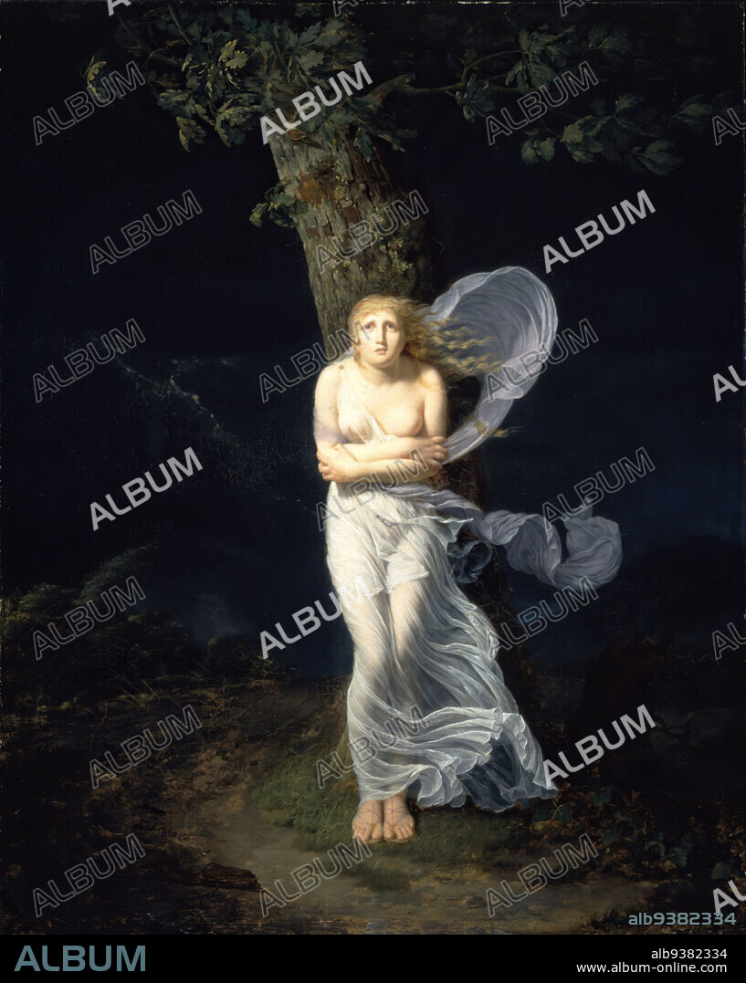 Young Woman Overtaken by a Storm, Une Jeune Femme s'étant Avancée dans la Campagne se Trouve Surprise par l'orage, Chevalier Féréol de Bonnemaison, French, ca. 1770-1827, Oil on canvas, France, 1799, 39 3/8 x 31 11/16 in., 100 x 80.5 cm, alone, bare shoulder, bodice, bosom, breast, breasts, brrrrrr, chilly, cleavage, cloth, cold, cothurnes, creamy throat, decolletage, emotive, european, fear, French Painting, helpless, ivory skin, low cut, milky neck, neck, nude, painting, Racy, Salon painting, scared, shivering, standing, throat, tree, vulnerable, wind, windy, woman, woods.