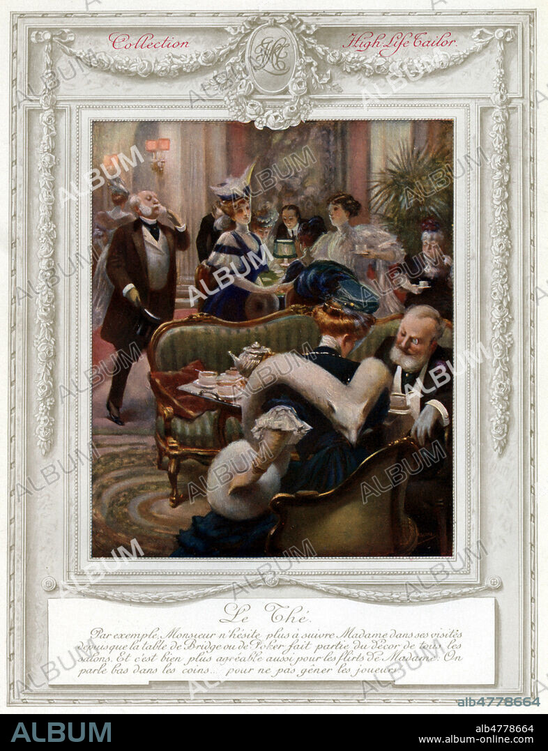 'Le the : Monsieur n'hesite plus a suivre Madame dans ses visites.. '. Catalogue High-Life Tailor publie en 1905 et intitule 'La journee d'une parisienne au XXeme siecle'. Illustration par A. GUILLAUME (1873-1942). Credit : Collection IM/KHARBINE-TAPABOR.