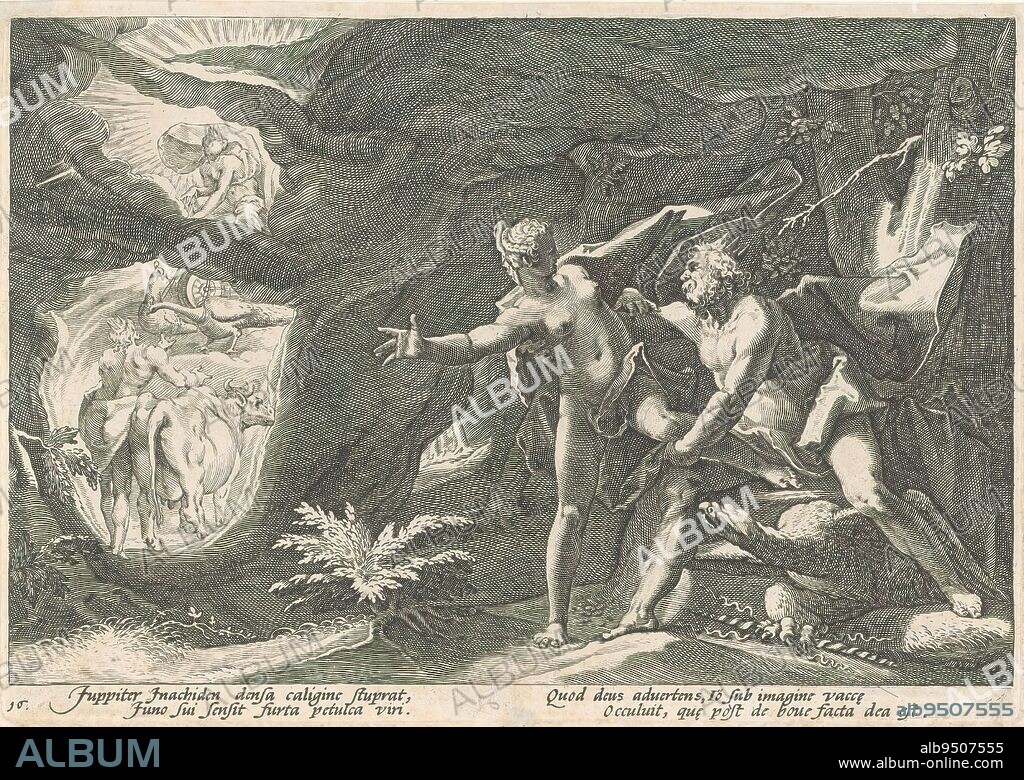 Jupiter and Io, Metamorphoses of Ovid (series title), Jupiter attempts to seduce Io. In the left background, Io has been turned into a cow by Jupiter. His wife Juno approaches the couple in her chariot pulled by peacocks and questions her husband about the animal. In the lower margin a four-line commentary, in two columns, in Latin., print maker: Hendrick Goltzius, (workshop of), after design by: Hendrick Goltzius, Franco Estius, Haarlem, 1589, paper, engraving, height 179 mm × width 255 mm.