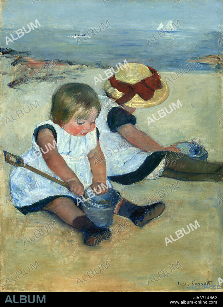 MARY CASSATT. Children Playing on the Beach. Dated: 1884. Dimensions: overall: 97.4 x 74.2 cm (38 3/8 x 29 3/16 in.)  framed: 117.5 x 94 x 6.4 cm (46 1/4 x 37 x 2 1/2 in.). Medium: oil on canvas.