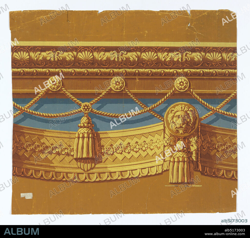 Border, Joseph Dufour et Cie., French, 17521827, Xavier Mader, Block printed on handmade paper, Classical design, with passementerie and architectural molding, including tassels, swag rope twist and lion head medallions. Printed in seven colors including gold, orange and blue on yellow ocher ground., Paris, France, 1815, Wallcoverings, Border.