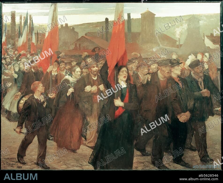 Society / Social Issues. Strike. "La Greve au Creusot". (Strike of the steelworkers of Le Creusot, France; closing rally on 9 October 1899). Painting, 1899, by Jules Adler (1865-1952). Oil on canvas, 231 × 302cm. Pau, Musée des Beaux-Arts.