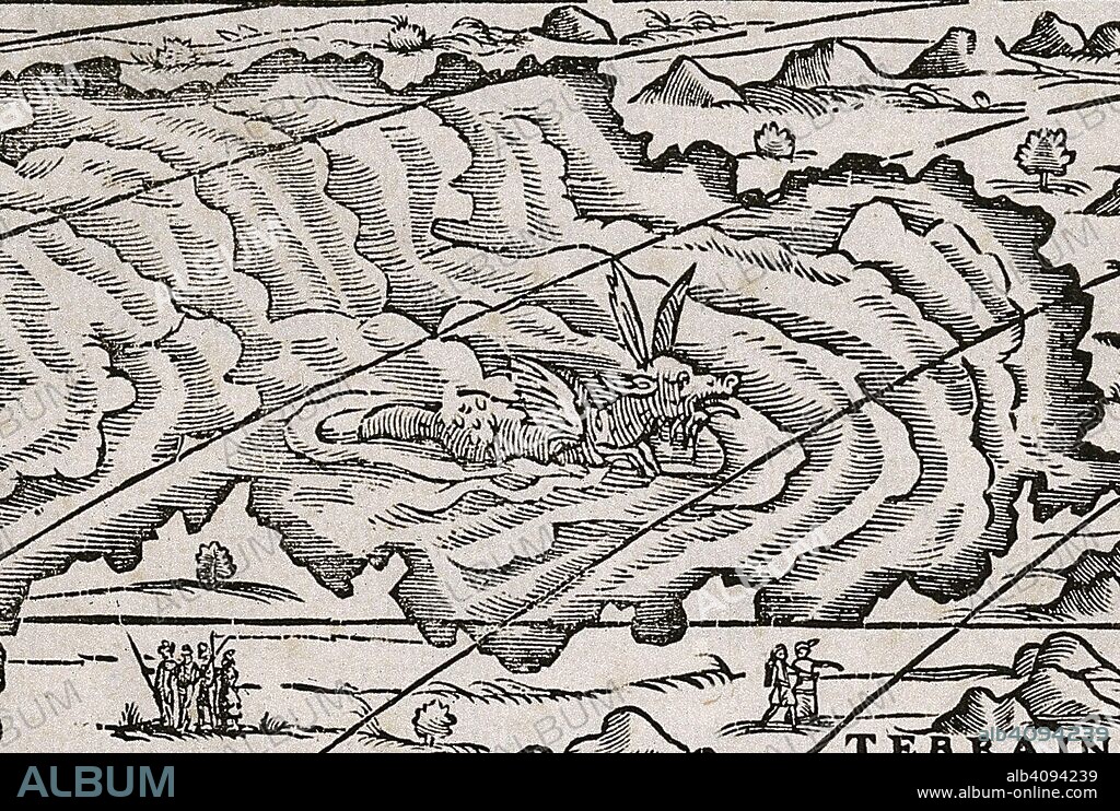 GIACOMO DI GASTALDI. A winged sea dragon with huge rabbit ears. Cosmographia Universalis et Exactissima iuxta postremam neotericorum traditio[n]em. A Iacobo Castaldio nonnullisque aliis huius disciplinÃ¦ peritissimis nunc [pr]imum revisa ac infinitis fere in locis correcta et locupletata. [Venice?] : [Matteo Pagano], [ca. 1561]. Source: Maps C.18.n.1. Language: Latin.