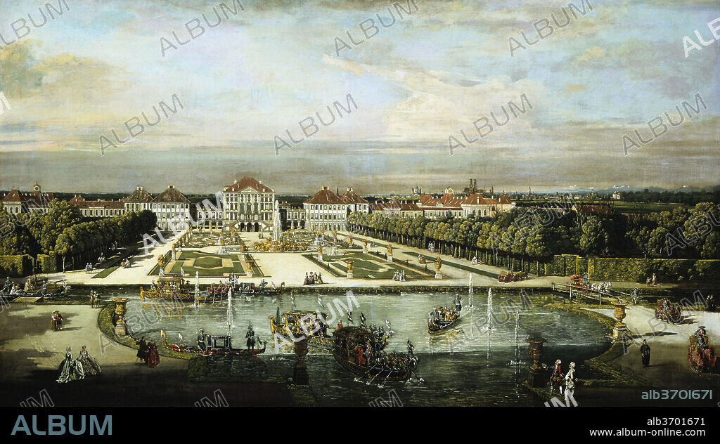 BERNARDO BELLOTTO AND WORKSHOP. Nymphenburg Palace, Munich. Dated: c. 1761. Dimensions: overall: 68.4 x 119.8 cm (26 15/16 x 47 3/16 in.)  framed: 86.4 x 137.2 x 8.3 cm (34 x 54 x 3 1/4 in.). Medium: oil on canvas.