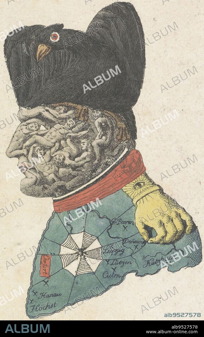 Cartoon of Napoleon of 1813 where his face is made up of the corpses of his victims, his hat is the Prussian eagle, his epaulette is a grasping hand. The collar is a river of blood, his coat the battlefield of Europe and the insignia of the Legion of Honor on his chest is a spider's web. Cartoon on Napoleon, 1813 Triumph des Jahrs 1813, allen chten Deutschen gewidmet , print maker: anonymous, Germany, 1813 - 1814, paper, etching, h 145 mm - w 105 mm.