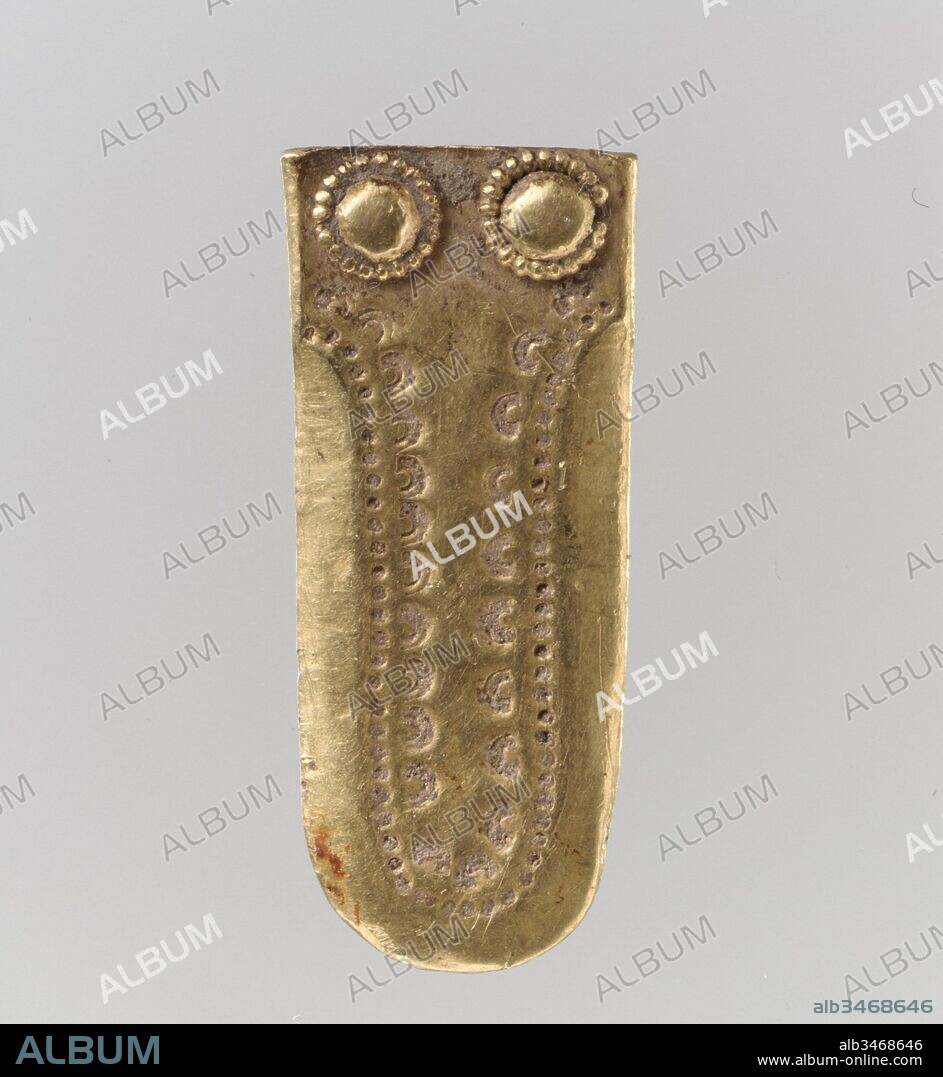 Gold Strap End, ca. 600, Langobardic, Gold and silver, Overall: 1 1/8 x 1/2 x 1/8 in. (2.9 x 1.3 x 0.3 cm), Metalwork-Gold, This group of objects was found in the grave of a Langobardic horseman, who was buried in his warrior dress, with weapons, shield, helmet, and the fittings for his horse. What remains are the many gold pieces that would have ornamented his clothing and equipment, and they attest to the great wealth of the Langobardic aristocracy within a generation of settling in Italy.