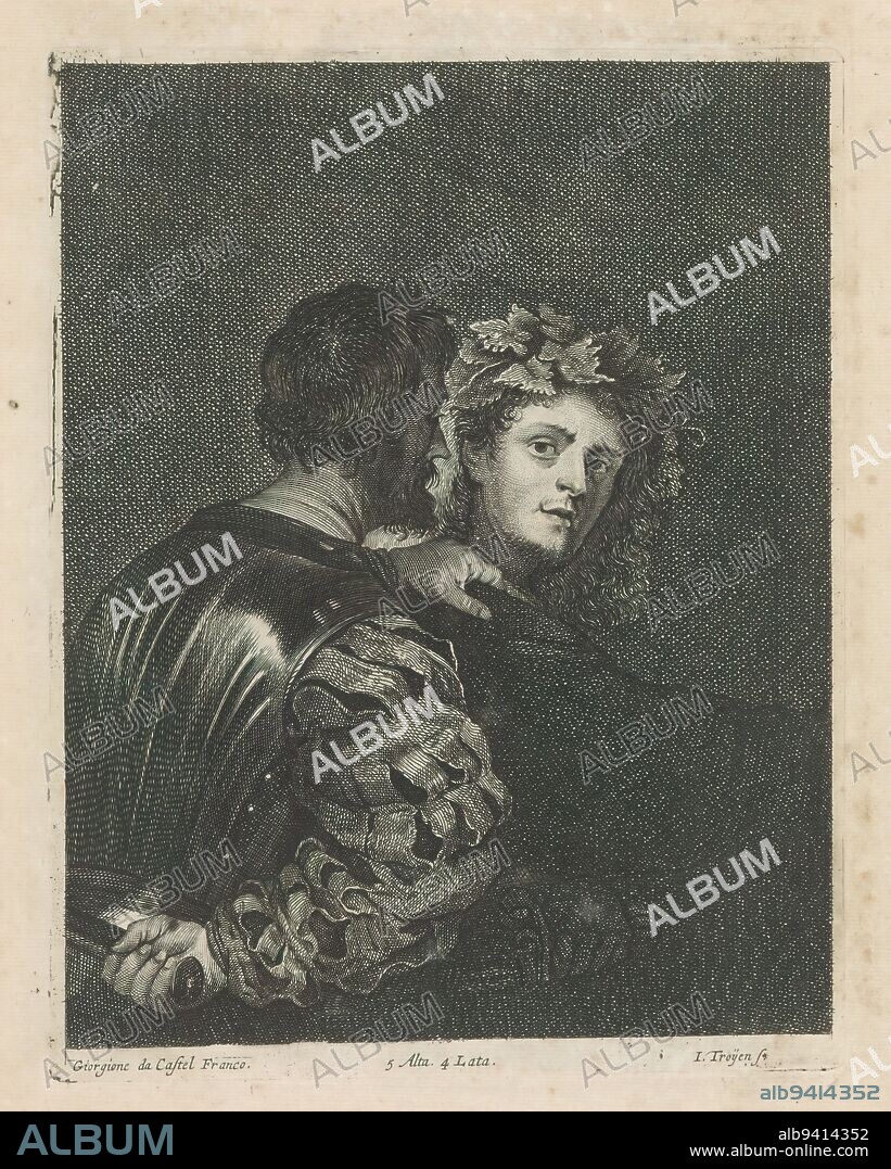 The Assassin (Il Bravo), An armed man grabs his victim by the shoulder, hiding a dagger behind his back. The other man, with vine leaves in his hair, turns away. This print is part of an album., print maker: Jan van Troyen, (mentioned on object), after painting by: Giorgione, (rejected attribution), after painting by: Titiaan, (attributed to), print maker: Southern Netherlands, (possibly), after painting by: Venice, after painting by: Venice, publisher: Brussels, 1660, paper, etching, engraving, height 227 mm × width 176 mm.