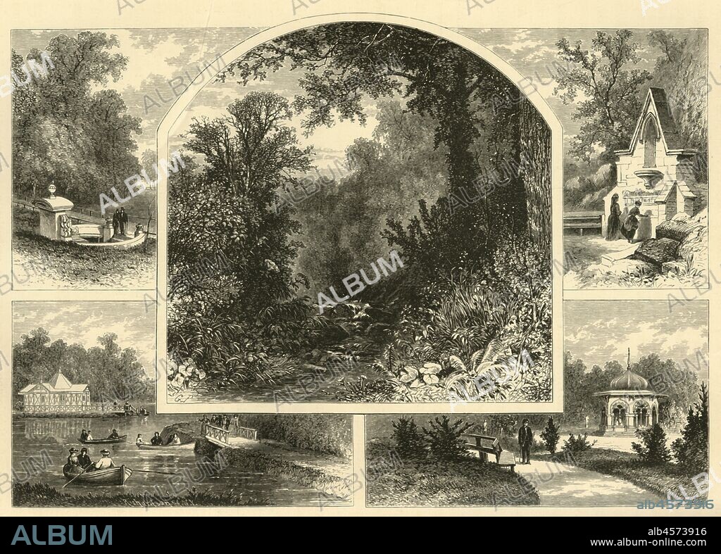JAMES H. RICHARDSON. 'Scenes in Druid Hill Park', 1874. Waterfall, drinking fountain, boating lake and bandstand in Baltimore, Maryland, USA. 'Druid-Hill Park lies immediately on the northern suburbs of the city, and embraces nearly seven hundred acres of well-diversified surface...Quiet, sequestered dells, and cool, shaded valleys, watered by streams and rejoicing in springs of the purest water; drives that wind through meadows and woods; bridle-paths and foot-ways that seldom leave the welcome shadow of the trees, render the park one of great rural beauty and sylvan seclusion. It is indeed not a made show-ground, but a park with all a park's natural attractiveness of wood and water, grassy lawns, with branching shade-trees and avenues that are lost in forest-depths'. From "Picturesque America; or, The Land We Live In, A Delineation by Pen and Pencil of the Mountains, Rivers, Lakes...with Illustrations on Steel and Wood by Eminent American Artists" Vol. II, edited by William Cullen Bryant. [D. Appleton and Company, New York, 1874].