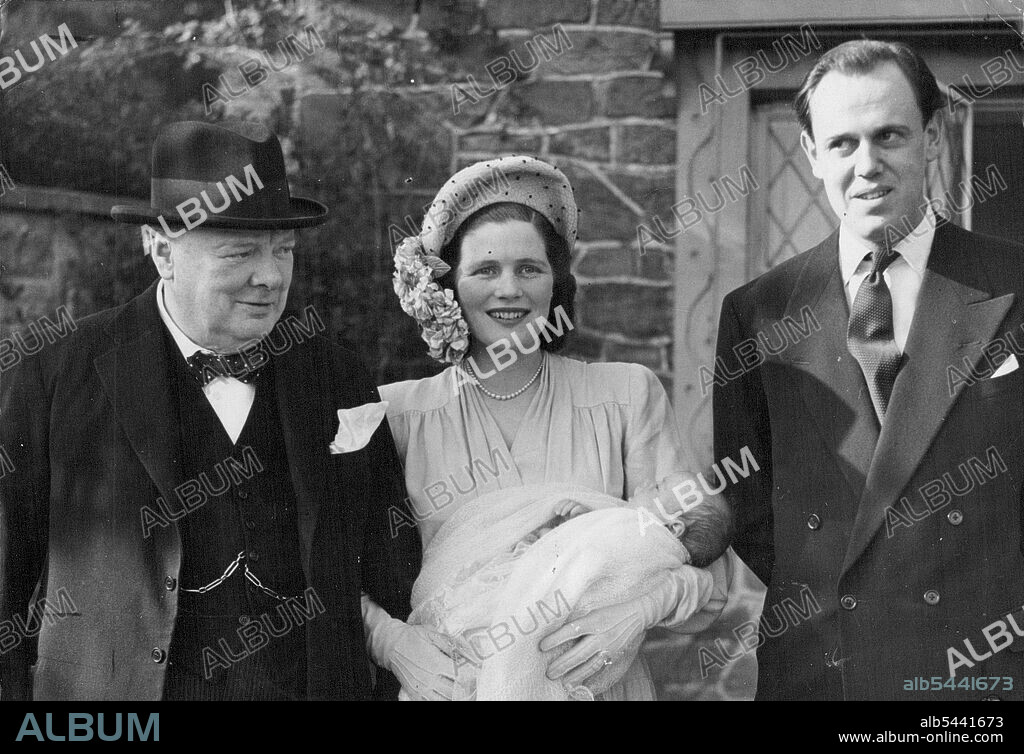Churchill's Fifth Grandchild Christening -- Captain and Mrs. Christopher Soames, Mr. Winston Churchill and newly-christened Arthur Nicholas Winston Soames pictured at the Christening party which followed the service at Westerham to-day. (Sunday). Mr. and Mrs. Winston Churchill were present at Westerham Church, Kent, to-day (Easter Sunday) for the christening of their grandchild, Arthur Nicholas Winston Soames, first child of their daughter Mary, who in February 1947 was married to Captain Christopher Soames. March 28, 1948. (Photo by Reuterphoto).