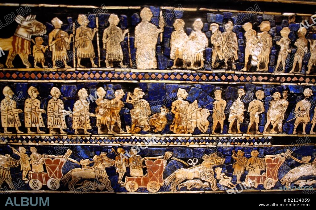 From the Standard of Ur (war side). Sumerian artefact (circa 2600 BC) excavated from the royal tomb in the city of Ur in the 1920's. South of what is now Baghdad in Iraq. It is an historical account of ancient warfare, and shows a king, prisoners, soldiers and animals. (Photo by: Universal History Archive/UIG via Getty Images).