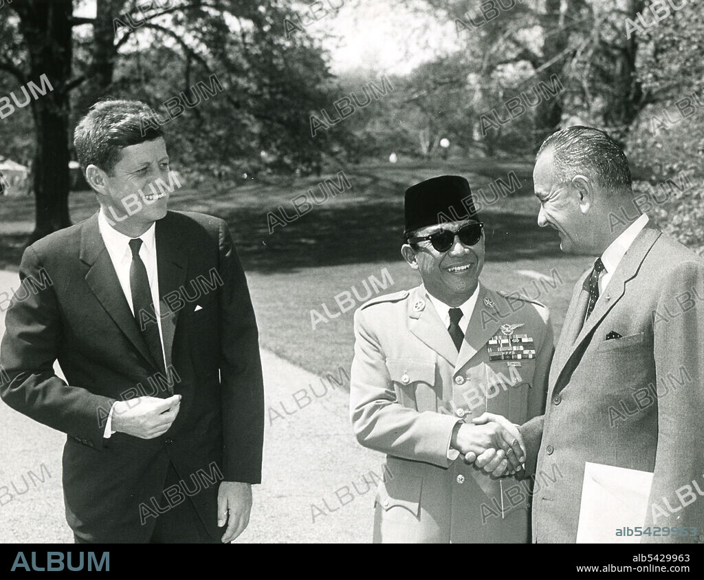Dr. Achmed Sukarno, President of Indonesia greets President John F. Kennedy and Vice-President Lyndon Baines Johnson. April 25, 1961. Abbie Rowe photographer.