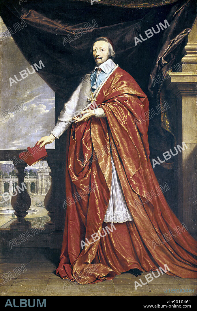 Armand Jean Duplessis, Duc de Richelieu (1585-1642), Cardinal Richelieu. French prelate and statesman. Cardinal 1624. Minister of State to Louis XIII and de facto ruler of France from 1629. Full length portrait by Philippe de Champagne (1642-1674), French painter. Sorbonne, Paris.
