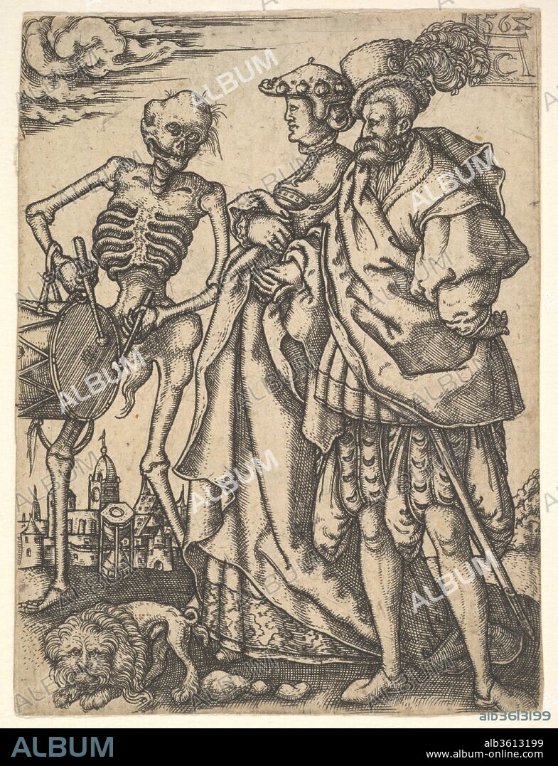 Couple and Death with a Drum, from The Dance of Death. Artist: Allaert Claesz. (Dutch, active 1520-55). Dimensions: sheet: 3 3/8 x 2 9/16 in. (8.6 x 6.5 cm).