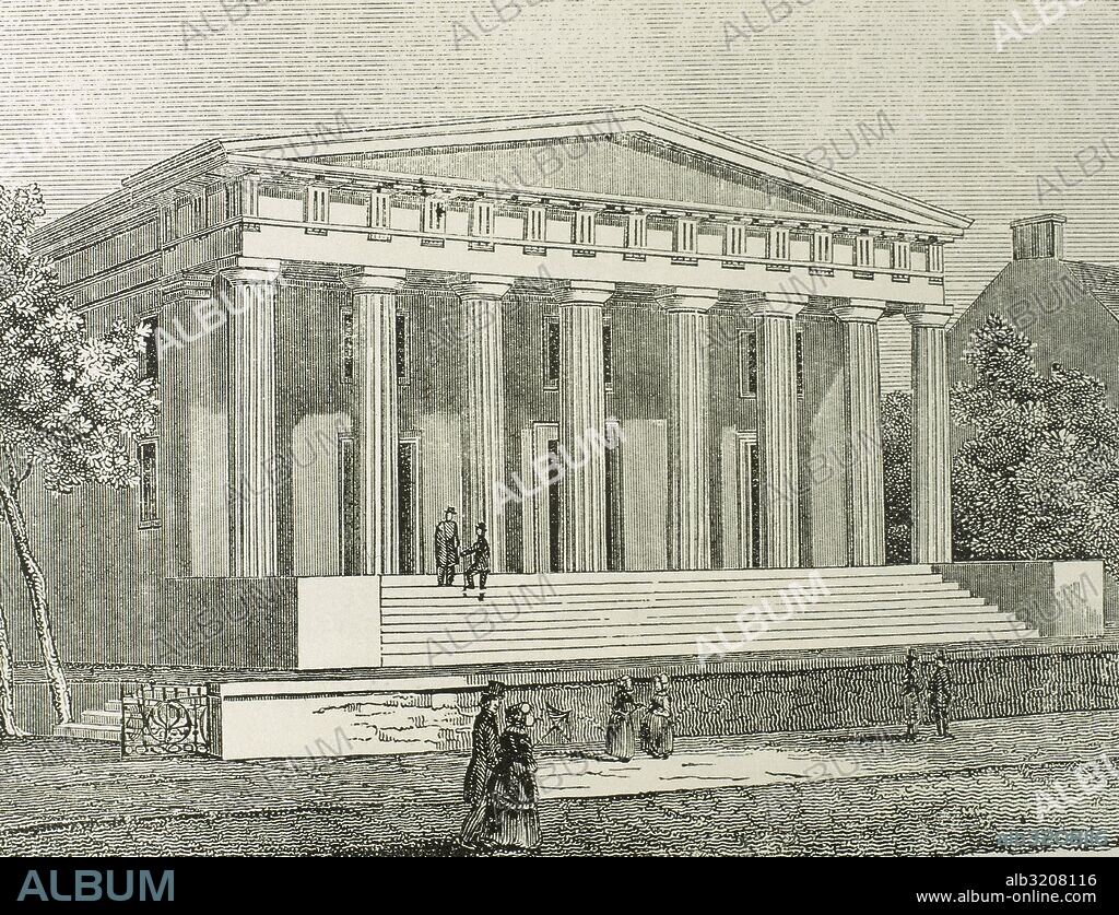 United States. Philadelphia. Pennsylvania. Second Bank of the United States, built between 1818-1824 by the American architect William Strickland (1788-1854). Engraving.