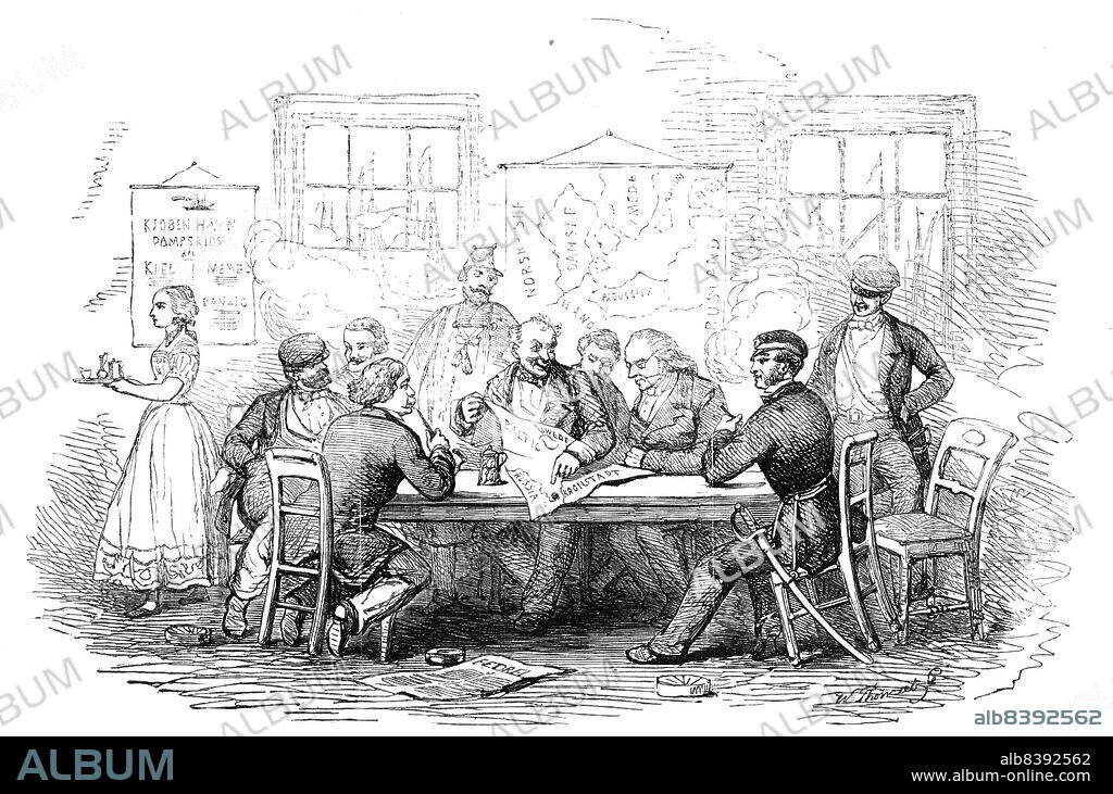 W THOMAS. Discussing the War, in a Coffee-House, at Copenhagen - sketched by E.T. Dolby, 1854. 'We have been favoured by a Correspondent (Mr. E. T. Dolby) in the Baltic fleet with the accompanying characteristic Sketch...In the centre of the group is seated an old Danish savant, who unfortunately speaks a little English, and invariably bores each new comer with the same question, and jeers at the inability of the English or French to touch the impregnable Cronstadt. No sooner did an English officer, en route for the fleet, present himself at one of the places of general resort at Copenhagen, than the Danish savant mustered his best English, and demanded to know what our Napier will attack first?...the Dane withdrew into a cloud of tobaoco-smoke, only again to emerge to put the everlasting question, and, map in hand, to spare no endeavour to convince his hearers'. From "Illustrated London News", 1854.