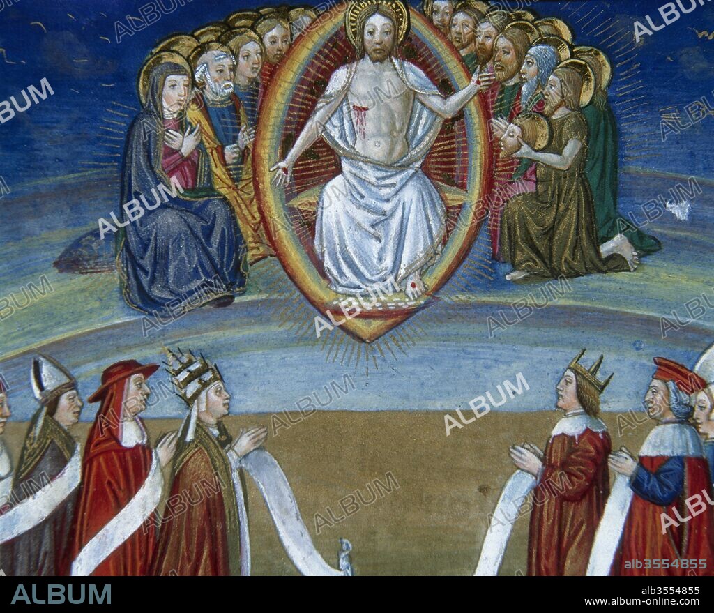 Nuevo Testamento. El Fin del Mundo y el Juicio Universal: Jesús en el trono de la gloria y los discípulos juzgan a las doce tribus de Israel. Página miniada del Códice de Predis, 1476. Renacimiento-Quattrocento. Biblioteca Real. Turín. Italia.