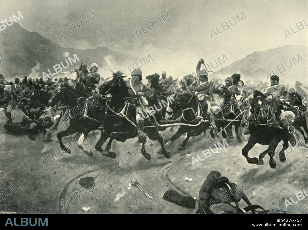 'Maiwand - Saving the Guns', (1901). The Battle of Maiwand in Afghanistan took place on 27 July 1880 during the Second Anglo-Afghan War. Emir Ayub Khan and Malalai of Maiwand, a woman, defeated a British brigade. Malalai rallied local fighters and fought alongside the Emir, resulting in the Afghan victory. Although the British lost, they managed to capture some of the enemy artillery. After 'Maiwand 1880: Saving the Guns', painting made in 1882, in the Walker Art Gallery, Liverpool. From "The Life and Deeds of Earl Roberts, Vol. III. - To The End of Lord Roberts's Indian Career", by J. Maclaren Cobban. [T. C. & E. C. Jack, Edinburgh, 1901].
