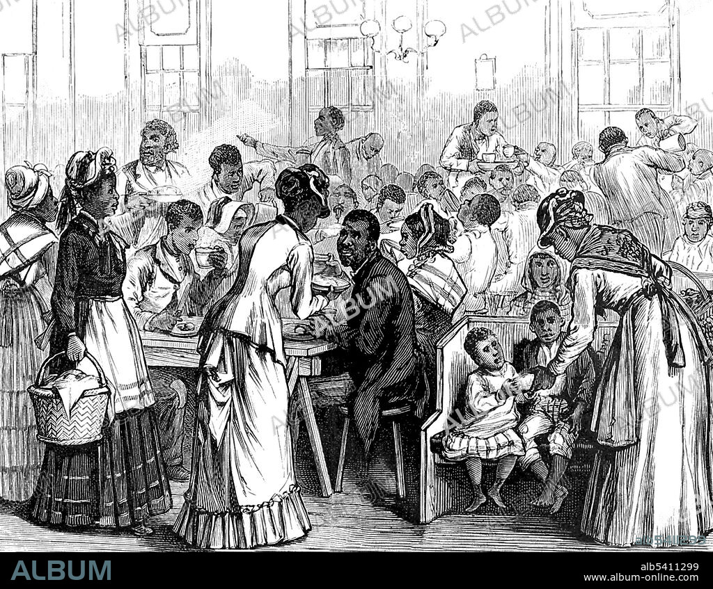 Entitled: Feeding the refugees at one of the colored churches. Exodusters was a name given to African-Americans who migrated from states along the Mississippi River to Kansas in the late 19th century, as part of the Exoduster Movement. It was the first general migration of black people following the Civil War. As many as 40,000 Exodusters left the South to settle in Kansas, Oklahoma and Colorado.  Frank Leslie's Illustrated Newspaper, April 19, 1879.