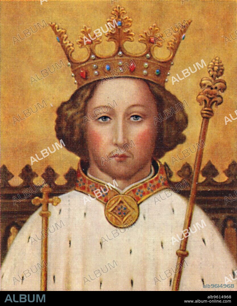 'Richard II', 1935.Richard (1367-1400) was the son of Edward the Black Prince, Prince of Wales, and Joan The Fair Maid of Kent. He was born at Bordeaux and became his father's heir when his elder brother died in infancy. From Kings & Queens of England - A Series of 50. [John Player & Sons, London, 1935].