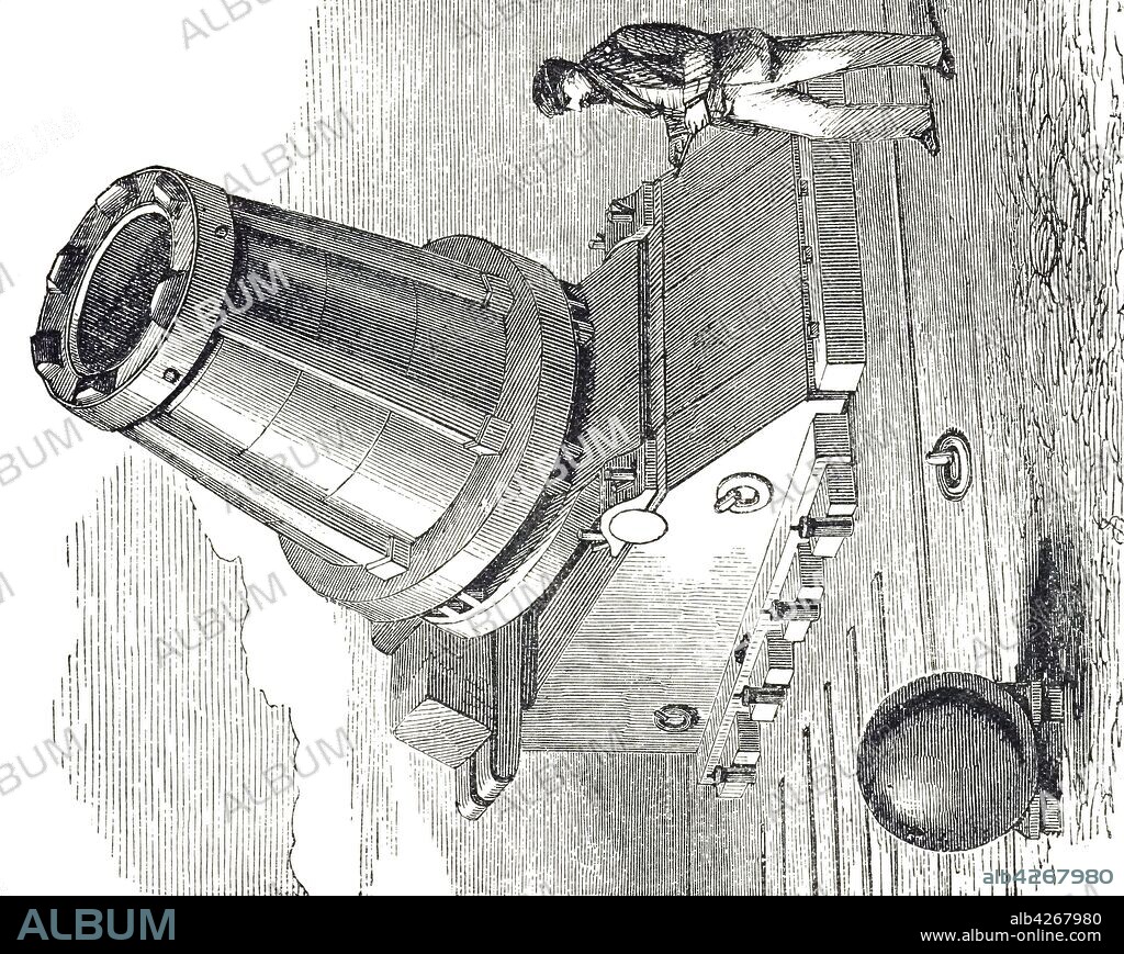 An engraving depicting Mallet's Mortar, a British shell-firing mortar built for the Crimean War but never used in combat. Designed by Robert Mallet (1810-1881) an Irish geophysicist, civil engineer, and inventor. Dated 19th century.