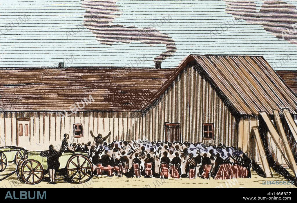 HISTORIA DE LOS ESTADOS UNIDOS. SIGLO XIX. SERVICIO RELIGIOSO DE LOS "MENONISTAS" FUERA DE LA BARRACA, EN EL CENTRO DE KANSAS. Los Menonistas, Anabaptistas seguidores de Menno Simonsz, escaparon de las persecuciones religiosas de la Rusia zarista, emigrando a Estados Unidos y llegando a Kansas entre 1874 y 1884. Grabado coloreado del periódico "Frank Leslie's" (1875) .
